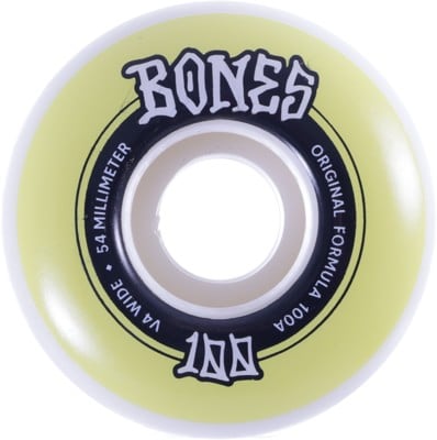 Bones 100's OG Formula V4 Wide Skateboard Wheels - white/yellow (100a) - view large